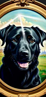 Black dog portrait in an ornate frame with countryside backdrop.