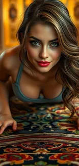 Elegant woman posing on ornate colorful rug.
