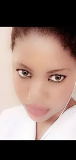 Elegant woman portrait with captivating eyes on a beige background.