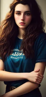 Elegant portrait of a young woman in a blue shirt by the window.