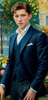 Elegant portrait of a young man in a navy blue suit with vibrant autumn background.