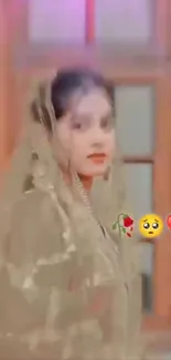 Blurred portrait of a person in traditional attire with emojis.