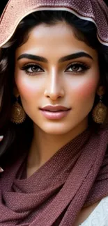 Elegant portrait of a woman in traditional attire with a brown headscarf.