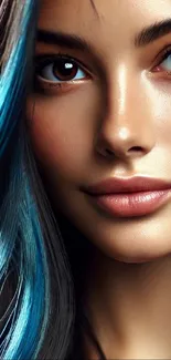 Close-up of a woman's face with blue hair highlights.