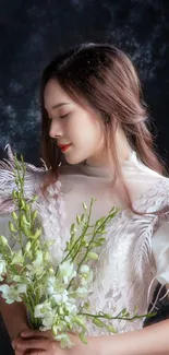 A serene portrait of a woman holding flowers against a textured background.