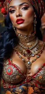 Elegant woman adorned with intricate gold jewelry and vibrant attire