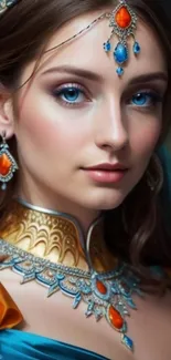 Elegant portrait of a woman with beautiful jewelry, in vibrant colors.