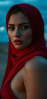 Elegant woman in a red veil with a serene blue sky background.