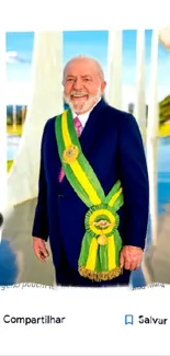 Elderly man in suit with green and yellow sash.