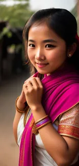 Young woman in vibrant pink scarf and traditional attire.