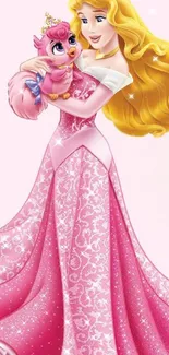 Elegant princess with a cute pet in a pink gown art.