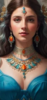 Elegant art of a princess in a blue dress with ornate jewelry.