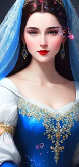 Elegant princess art with blue dress and veil, perfect mobile wallpaper.