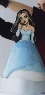 Illustrated princess character on blue cake.