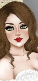 Elegant princess digital art with sparkling crown and green eyes.