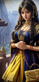 Fantasy princess in royal attire, bright blue and yellow colors.