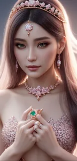 Elegant fantasy princess with jewelry in soft rose hues.