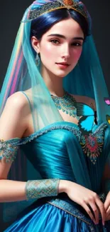 Elegant princess in a blue gown with butterflies, fantasy art wallpaper.