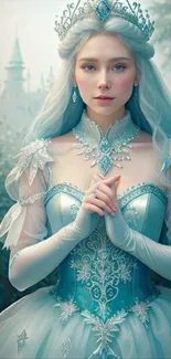 Elegant princess in a blue gown with a fantasy palace background.