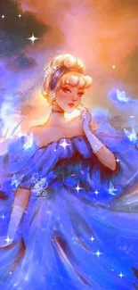 Fantasy princess in blue dress with magical glow and butterflies.