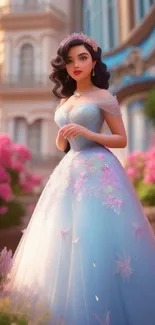 Princess in blue gown with flowers in a garden setting.