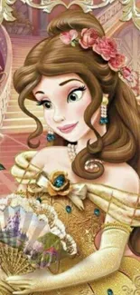 Elegant princess illustration with golden gown and floral decor.