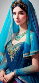 Elegant woman in a blue gown with a veil and gold embroidery.