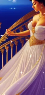 Stylish princess in white and gold dress on balcony at night.