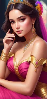 Illustrated princess in vibrant pink and gold dress with elegant accessories.