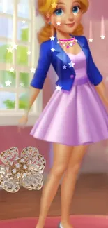 Elegant animated princess with purple dress and blue jacket in fantasy setting.