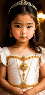 Cute young girl in elegant princess attire with golden tiara.