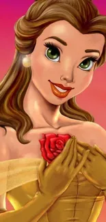 Princess holding red rose with pink background.