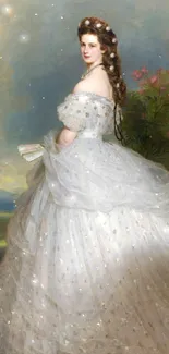 Vintage portrait of a princess in a white gown against a scenic backdrop.