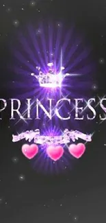 Elegant princess wallpaper with crown and hearts on black background.