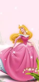 Princess in a pink dress with a nature-themed background.