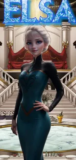 Elegant princess in blue dress in luxurious palace setting.