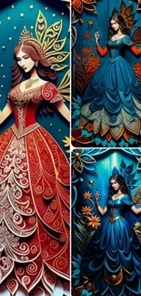 Elegant princess artwork in red and blue dresses with intricate patterns.