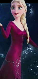 Princess in a red dress with sparkling effects, dark blue background.