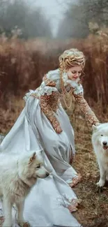 Princess in elegant gown with white dogs in an autumn meadow.