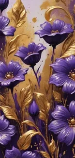 Elegant wallpaper with purple and gold flowers.