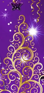 Mobile wallpaper with purple background, gold swirls, and star accents.