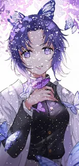 Anime wallpaper with a purple theme and butterflies.