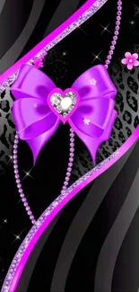 Purple bow with leopard print background on mobile wallpaper.