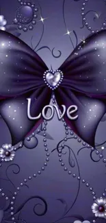 Purple bow wallpaper with elegant floral design and love theme.