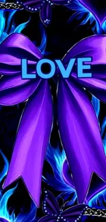 Vibrant purple bow with blue flames background