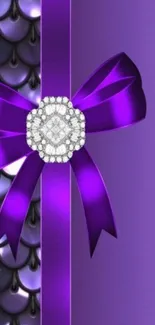 Purple ribbon with jewel on an elegant wallpaper background.