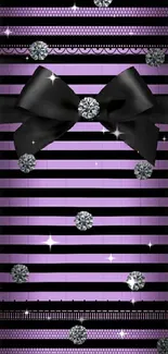 Purple striped wallpaper with black bow and gems.