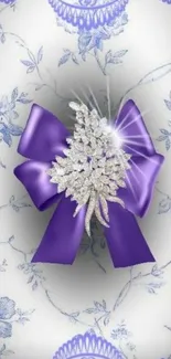 Elegant purple bow with diamonds on floral background wallpaper.