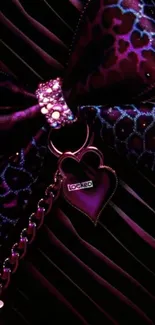 Intricate purple bow with heart locket on dark striped background.