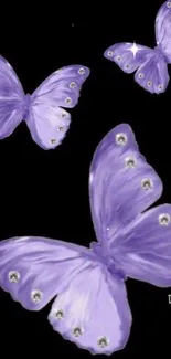 Purple butterflies on black, elegant mobile wallpaper.